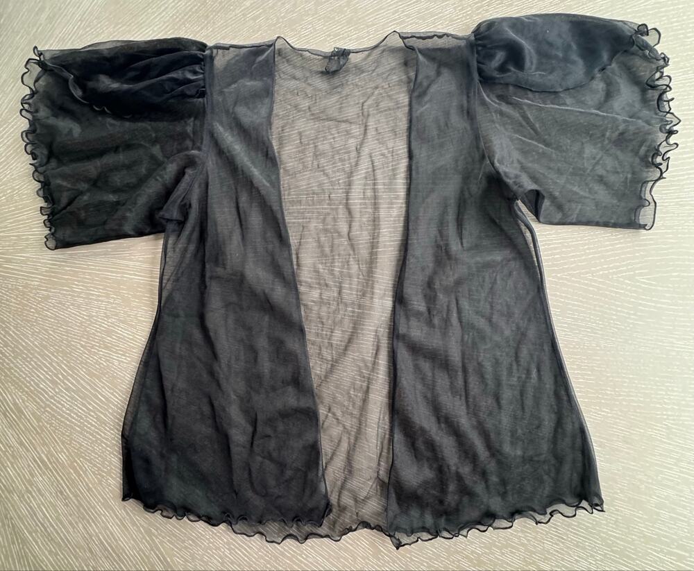 Sheer Black Puff Sleeve Cardigan Lettuce Edge Mesh Cover Up Whimsygoth M Y2K